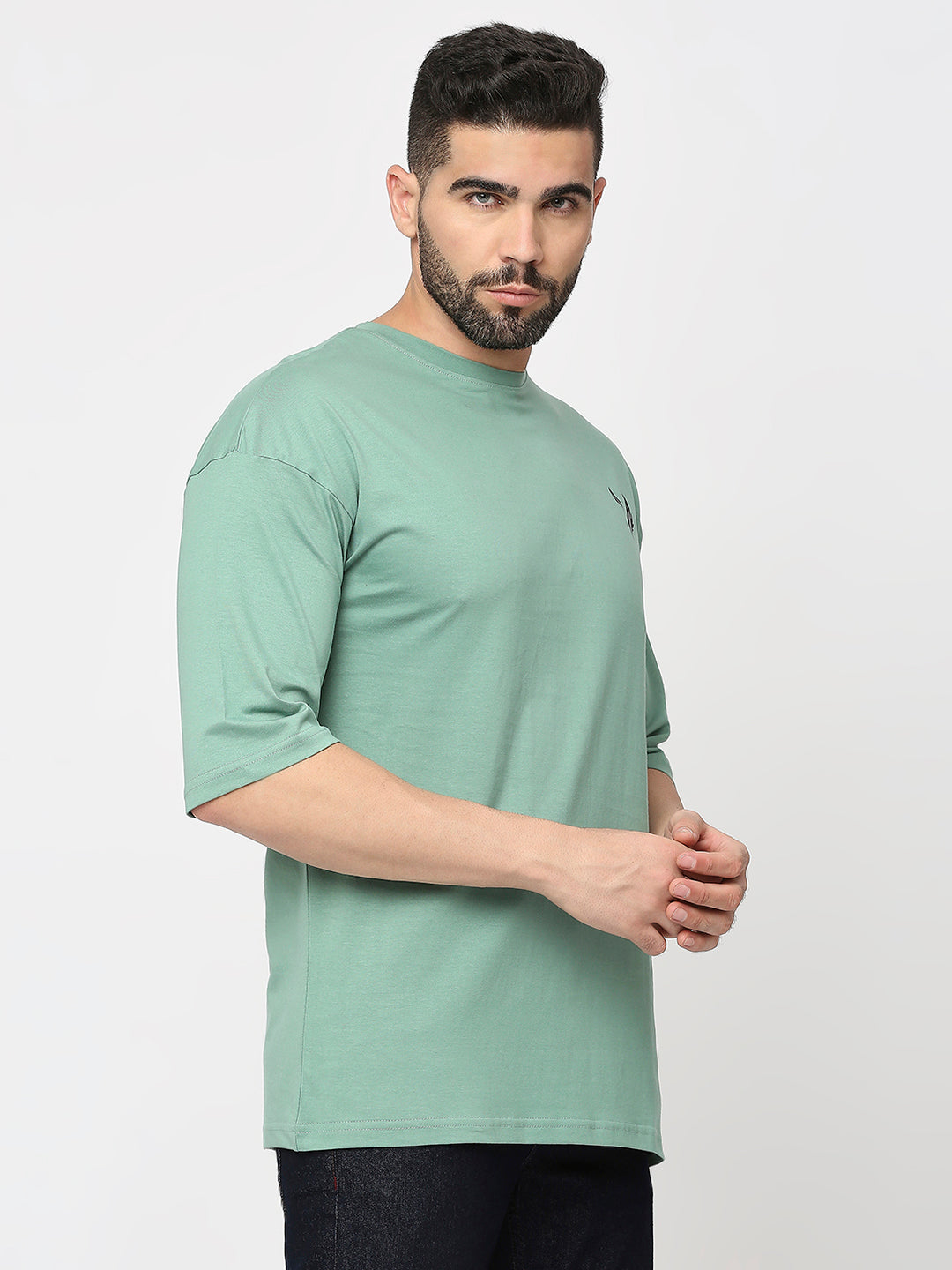 Sage Green 100% Cotton Lycra Back Print Drop Shoulder T-Shirt