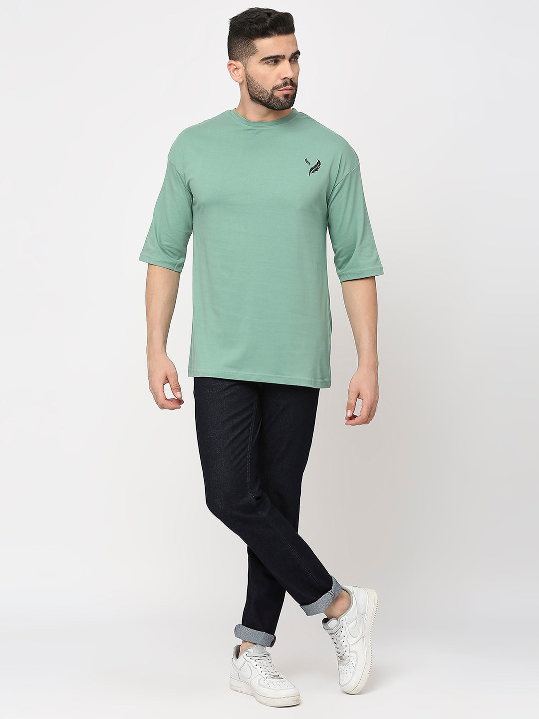 Sage Green 100% Cotton Lycra Back Print Drop Shoulder T-Shirt