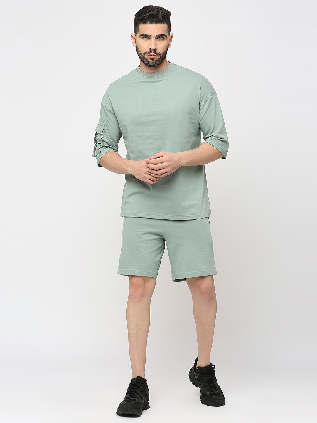 Olive Cotton Looper Lycra  3/4 Sleeve Drop Shoulder T-Shirt