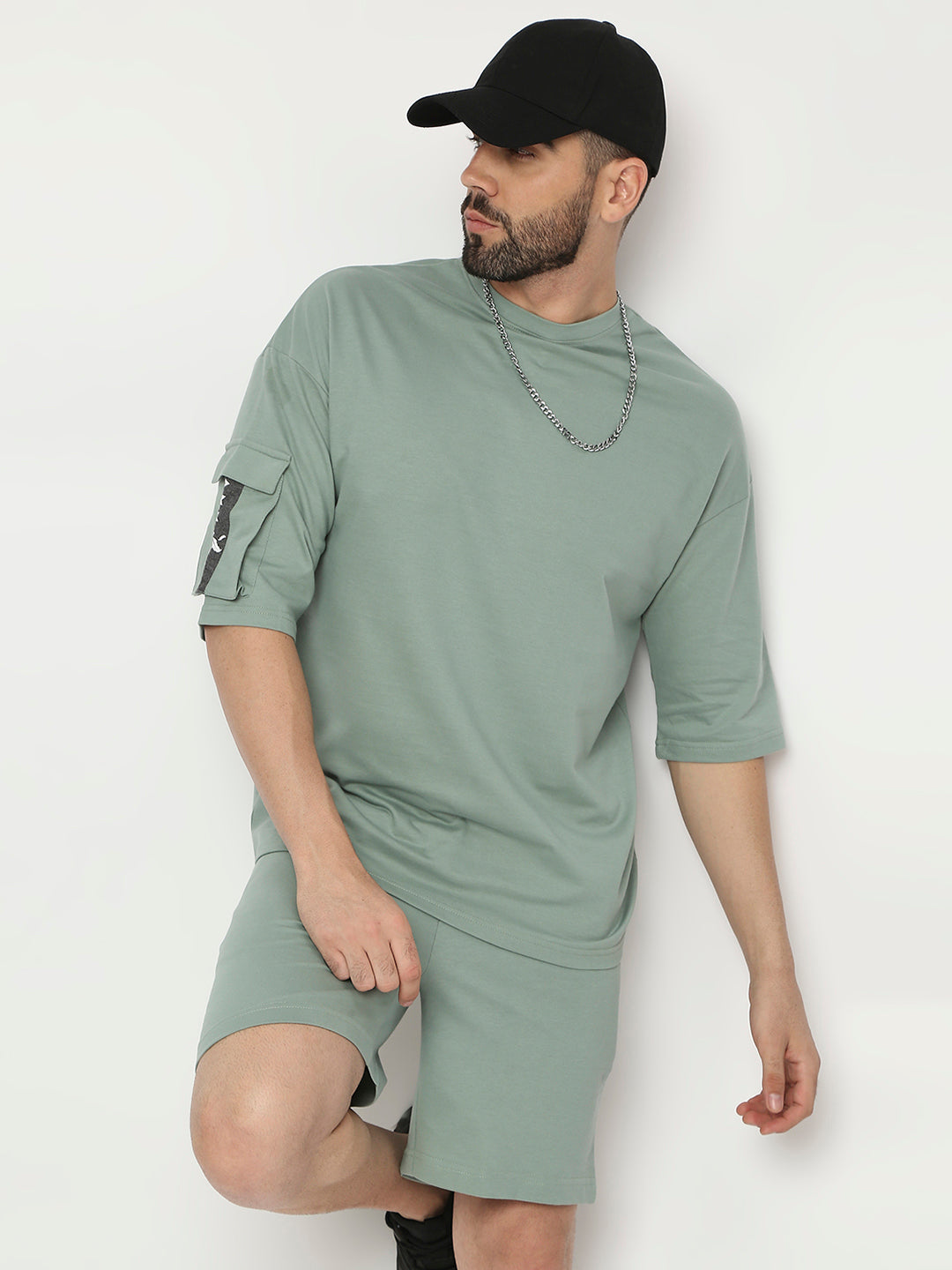 Olive Cotton Looper Lycra  3/4 Sleeve Drop Shoulder T-Shirt